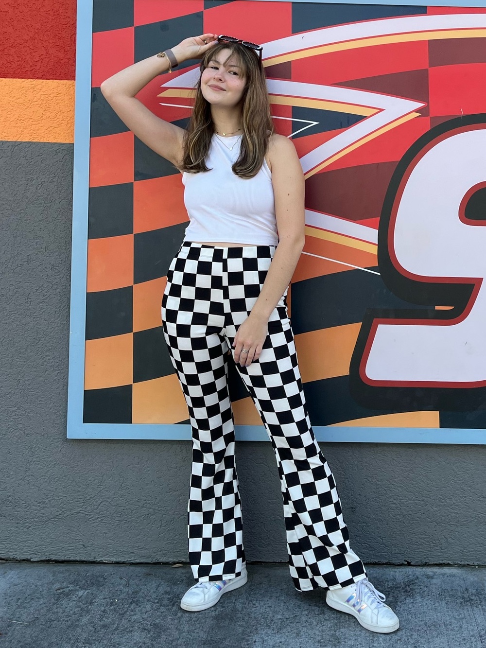 black & white checkered flare pants